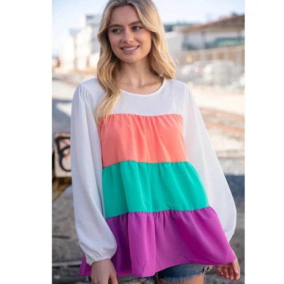 Purple Orange Teal Colorblock Tiered Ruffle Top Oversized Blouse S M L 1X 2X 3X - Picture 5 of 9
